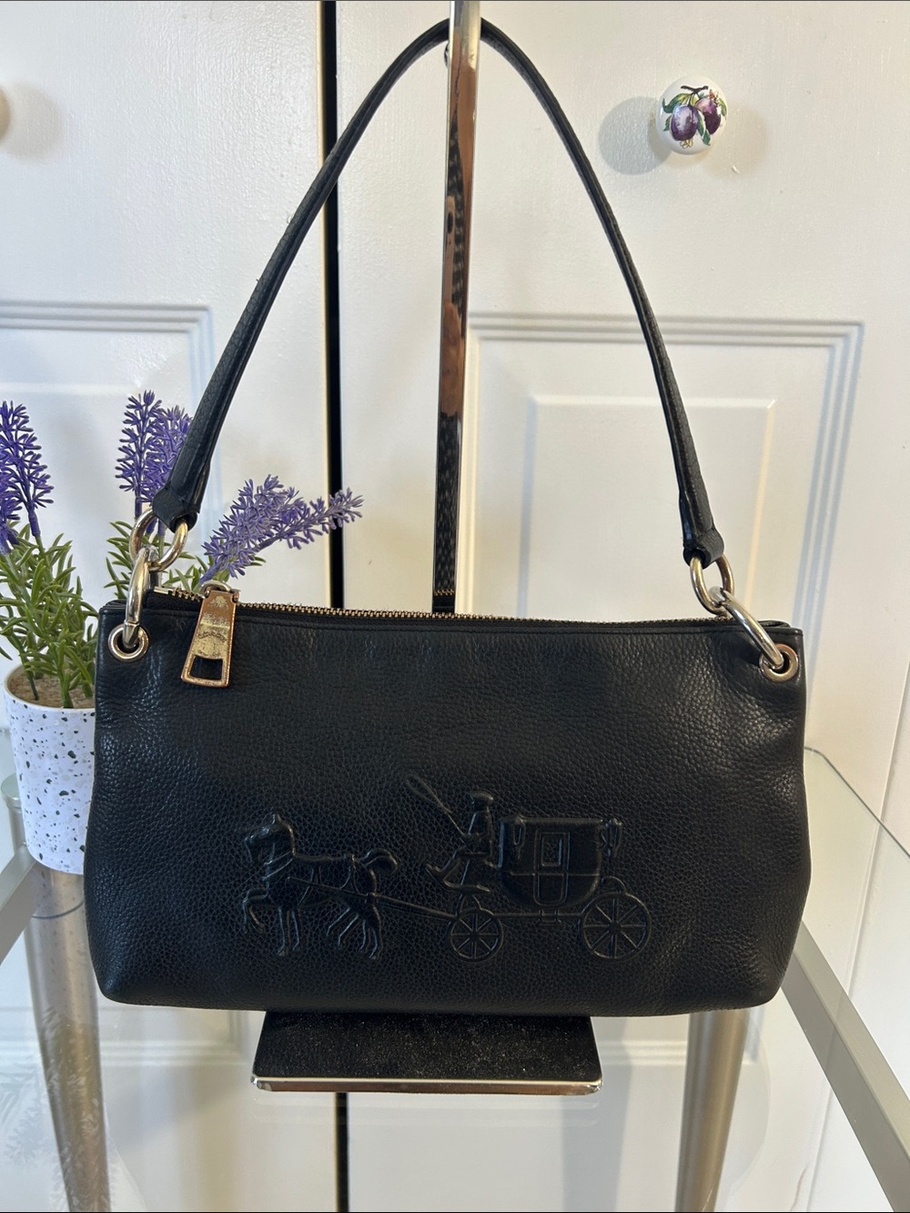 Coach Vintage Black Leather Shoulder Bag with Embossed Carriage